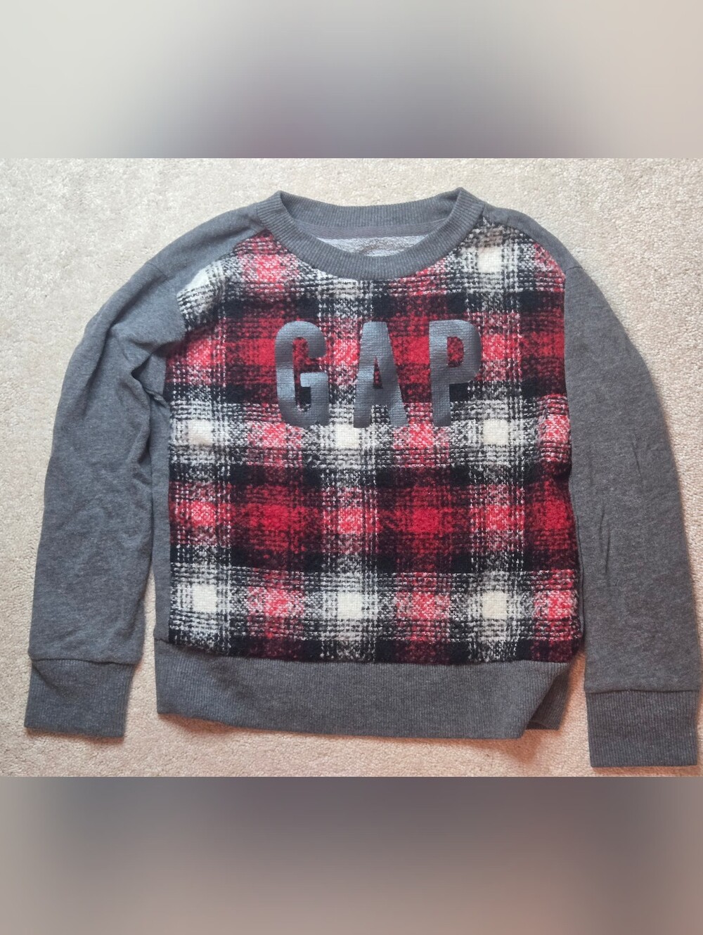 GAP Red Black Plaid Crewneck with Gray Sleeves